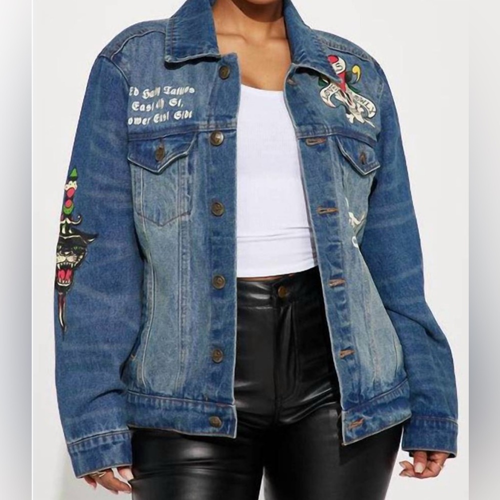 NEW ED HARDY flame skull denim jacket in medium tint